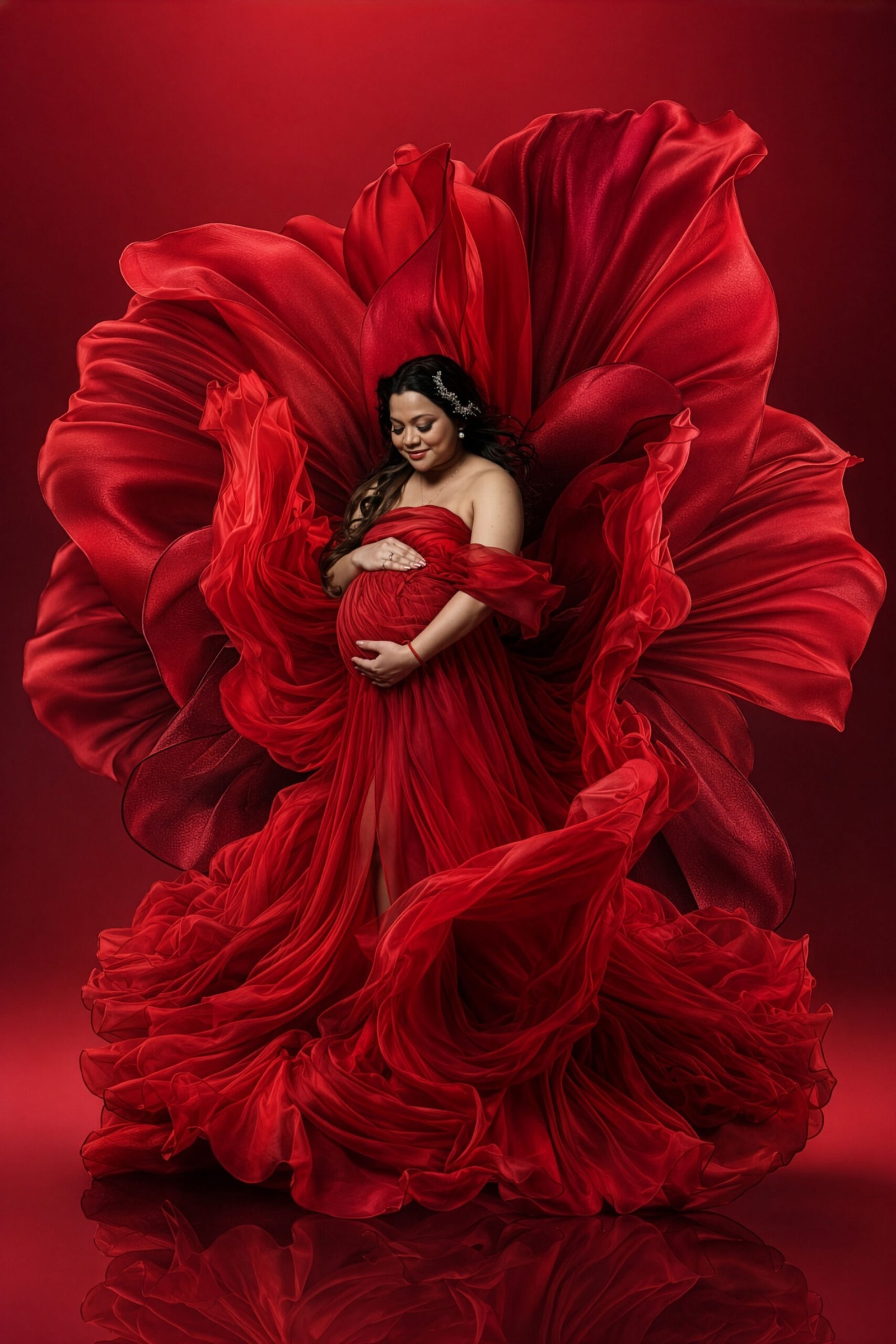 maternity shoot in red gown